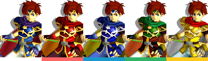 Roy's palette swaps, with corresponding tournament mode colours.