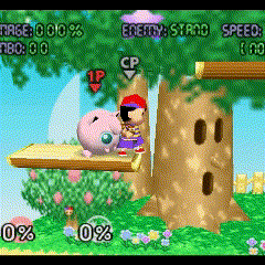 Whispy's wind in Smash 64. Notice that Jigglypuff and Ness move while performing Sing and sleeping respectively, motions that would otherwise be impossible to move during.