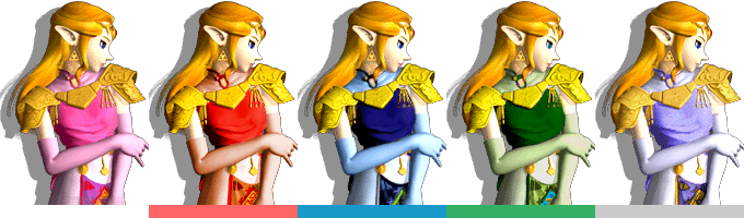 Zelda's palette swaps, with corresponding tournament mode colours.