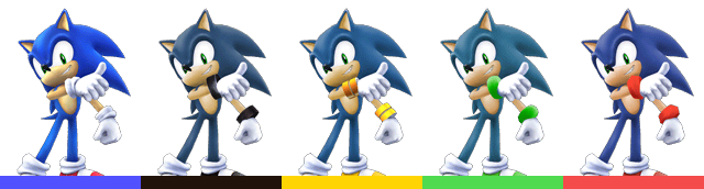 Sonic's palette swaps, with corresponding tournament mode colours.