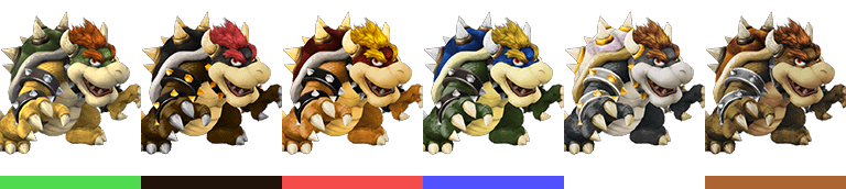 Bowser's palette swaps, with corresponding tournament mode colours.