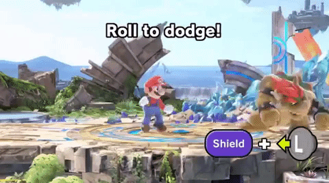 Mario rolling and dodging Bowser's down special in the How to Play Movie in Super Smash Bros Ultimate.