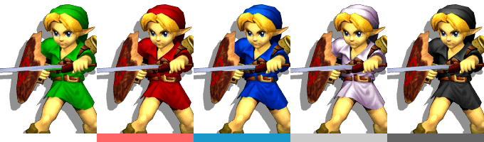 Young Link's palette swaps, with corresponding tournament mode colours.