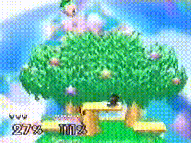 Jigglypuff's shield being broken in Smash 64, demonstrating how Jigglypuff jumps past the upper blast line when this occurs.