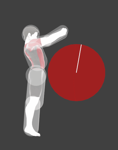 Hitbox visualization for Wii Fit Trainer's Pummel a.k.a Grab attack.