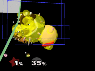 Using Inhale in Melee leaves the character's hurtbox while inside Kirby's mouth. It is invisible and intangible. However, since blast lines ignore invincibility, Bowser will be KO'd first. (the yellow line represents the blast lines and the blue box is where the character will hit the blast lines. Notice Kirby's box is much higher than Bowser's.