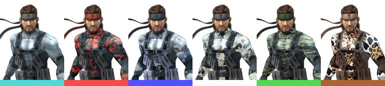 Snake's palette swaps, with corresponding tournament mode colours.