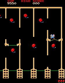 Mappy using a trampoline in the arcade version of Mappy.