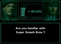 A shot of the first trailer to Super Smash Bros. Brawl, displaying Metal Gear characters Roy Campbell and Solid Snake.