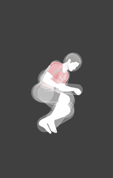 Hitbox visualization of Wii Fit Trainer's Down Aerial.
