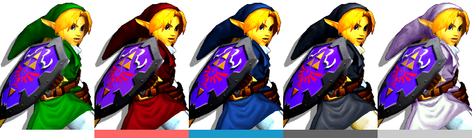 Link's palette swaps, with corresponding tournament mode colours.