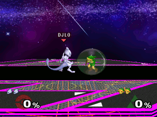 Mewtwo's Side-B is a command grab called Confusion. It will hit the enemy even if they are shielding, and does 10%. It causes the opponent to go into a tumble state while facing away from Mewtwo. Being in tumble state means that the opponent can still double jump and attack, and every member of the cast can punish Mewtwo with a Back-air if they react fast enough. For this reason, this move should be used sparingly, but can be spammed against opponents who do not know they can punish it. There are also rare situations where this move can not be punished, such as when you are hanging from the edge(you will pull them through the level and they will grab the edge or have to double jump), or if the enemy is slightly above a platform and you are falling below it(if they dont get pulled through, they will slam into the platform before they can back-air you)
