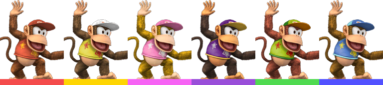 Diddy Kong's palette swaps, with corresponding tournament mode colours.