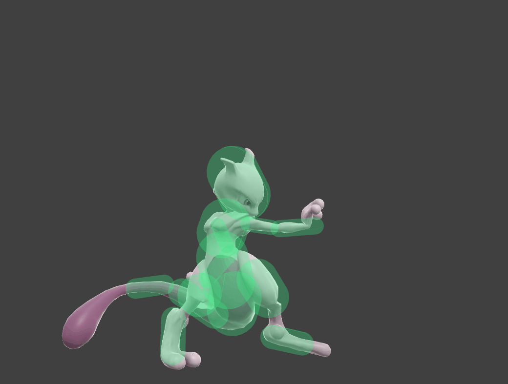 Hitbox visualization for Mewtwo's down throw