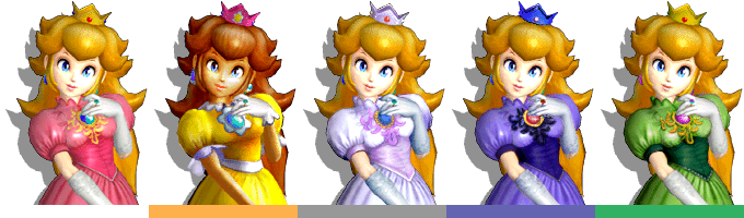 Peach's palette swaps, with corresponding tournament mode colours. One of her costume changes include her looking similar to Princess Daisy.