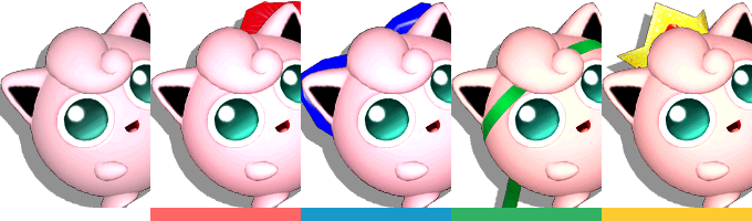Jigglypuff's palette swaps, with corresponding tournament mode colours.