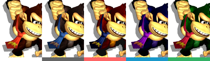 Donkey Kong's palette swaps, with corresponding tournament mode colours.