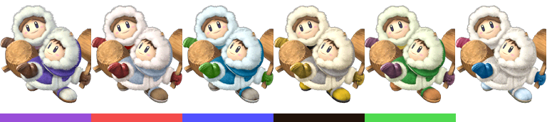 The Ice Climbers' palette swaps, with corresponding tournament mode colours.