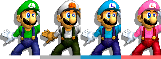 Luigi's palette swaps, with corresponding tournament mode colours.