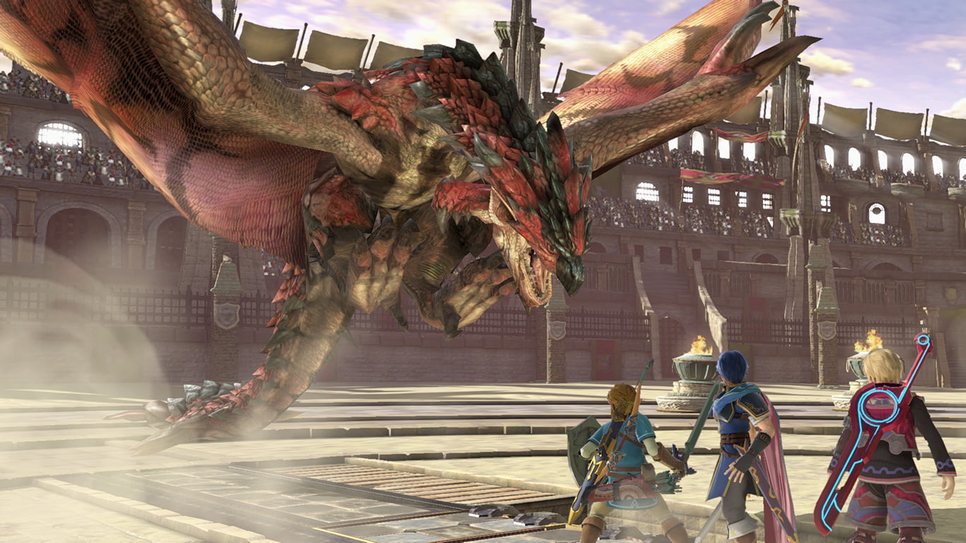 Shulk, Link and Marth advancing towards Rathalos on Coliseum.