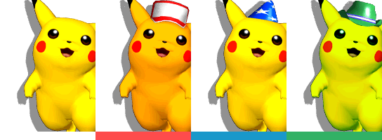 Pikachu's palette swaps, with corresponding tournament mode colours.