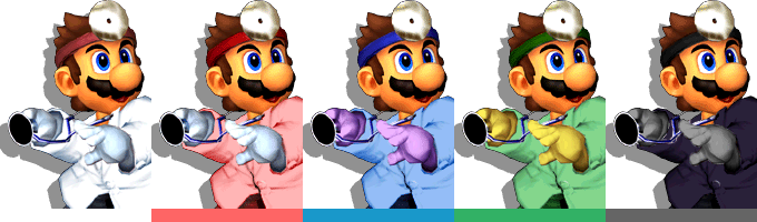Dr. Mario's palette swaps, with corresponding tournament mode colours.