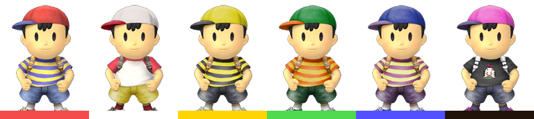 Ness's palette swaps, with corresponding tournament mode colours.