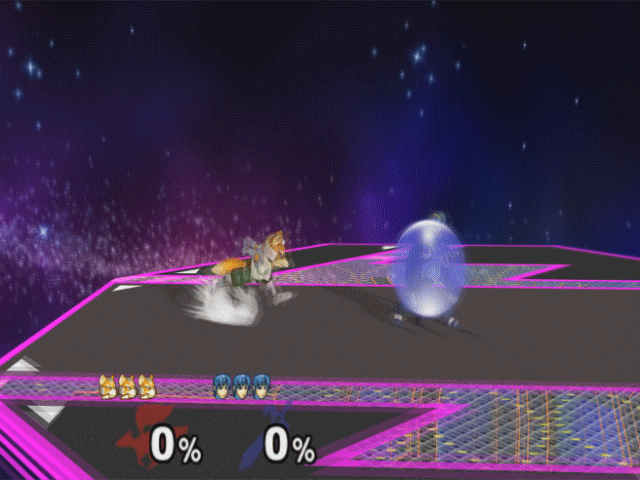 Fox successfully using a dash attack to cross-up behind Marth. Marth misses the shield grab and gets punished as a result.