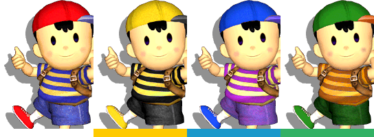 Ness's palette swaps, with corresponding tournament mode colours.