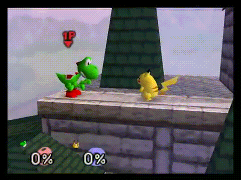 Yoshi parrying within the perfect frame window to deflect Pikachu's Thunder in Smash 64.