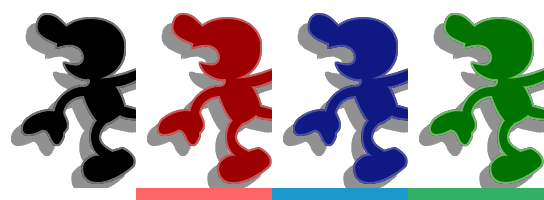 Mr. Game & Watch's palette swaps, with corresponding tournament mode colours.
