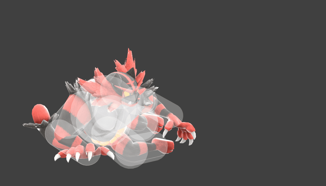 Hitbox visualization for Incineroar's down tilt
(Note: the animation is not exactly correct but the hitboxes are)