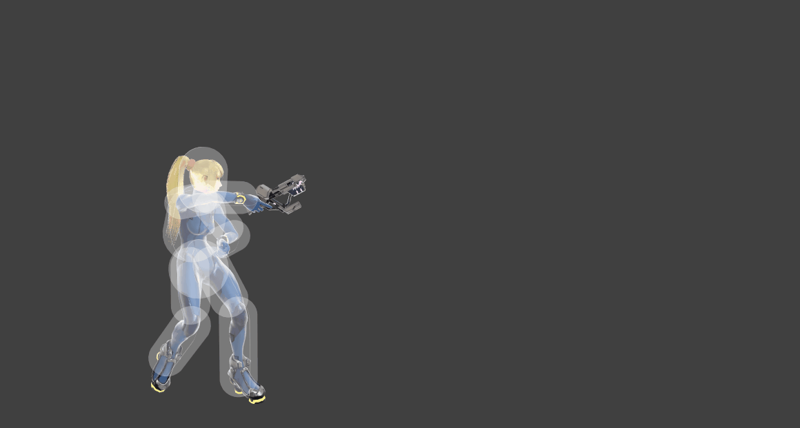 Hitbox visualization for Zero Suit Samus's Plasma Whip when control stick is angled