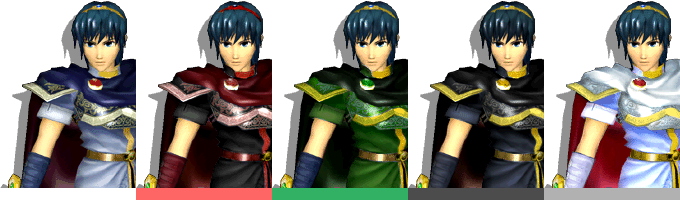 Marth's palette swaps, with corresponding tournament mode colours.