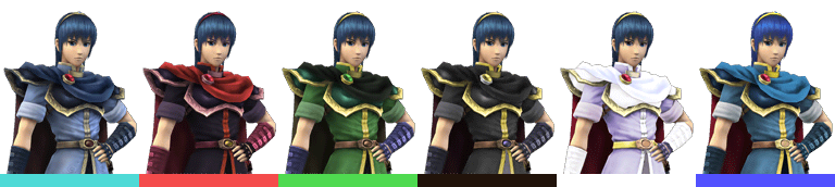 Marth's palette swaps, with corresponding tournament mode colours.