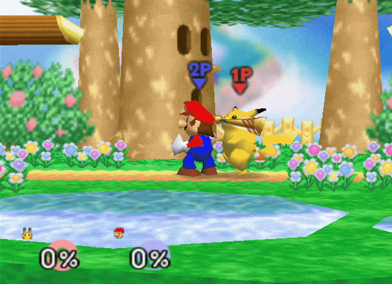 Pikachu using the Home-Run Bat against Mario in Smash 64.
