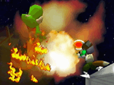 Yoshi using his double jump armor to power through a Fire Flower's flames.