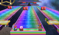 Mario, Kirby, Samus, and Toon Link in an area full of jump ramps.