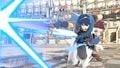 Marth performing Shield Breaker on the stage.