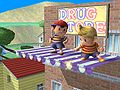 Ness and Lucas on the topmost awning of the drug store in Brawl.