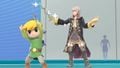 Male Robin and Toon Link taunting on the stage.