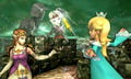 Rosalina alongside Zelda on Reset Bomb Forest as Viridi appears in the background.
