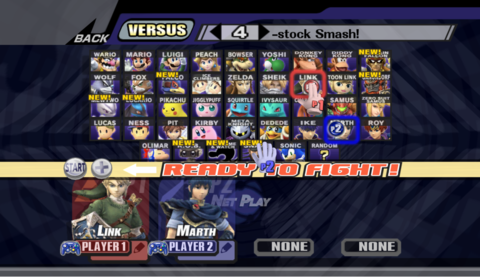 Player 1 selects Link and Player 2 selects Marth. In this example, Player 2 is assumed to have won the coin flip, and as a result, they get to pick the first stage to be struck.
