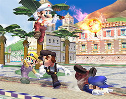 Four of Mario's palette swaps in Brawl, the blue one tripping. Source: Source