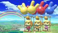 Three Isabelles using their up special on the stage in Ultimate.