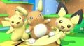 Pichu and Pikachu taunting with Alolan Raichu on the stage.