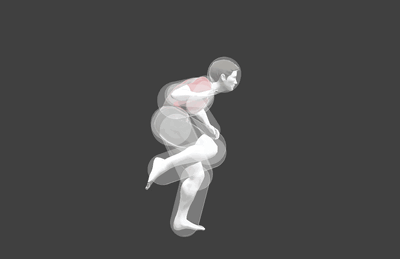 Hitbox visualization of Wii Fit Trainer's Down smash.