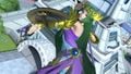 Palutena in her cyan alternate costume on the stage.