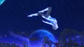 Wii Fit Trainer performing a backflip, her body silhouetted against the arch of the moon.