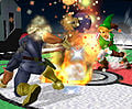 Link throws a bomb at Captain Falcon. (Melee)